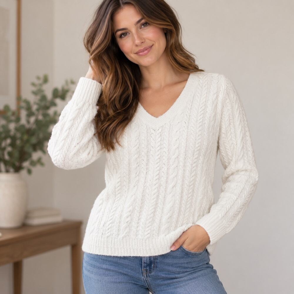 Violets & Roses Cable Knit Sweater Women M Ivory V-Neck Cotton Blend